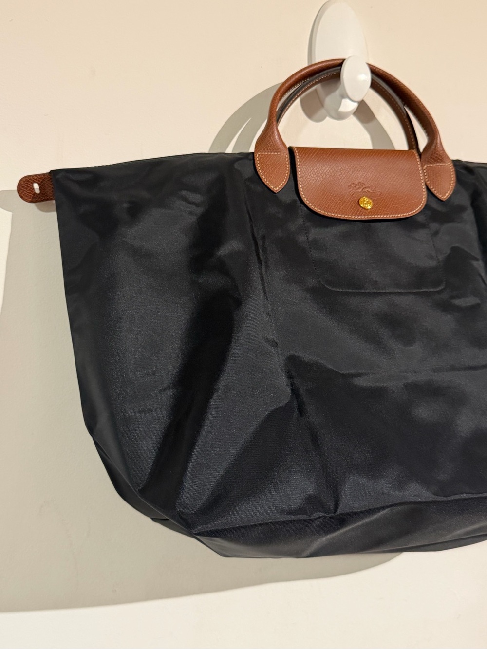 Longchamp Le Pliage Black Nylon with Brown Leather Trim - large Travel Tote - Picture 4 of 7
